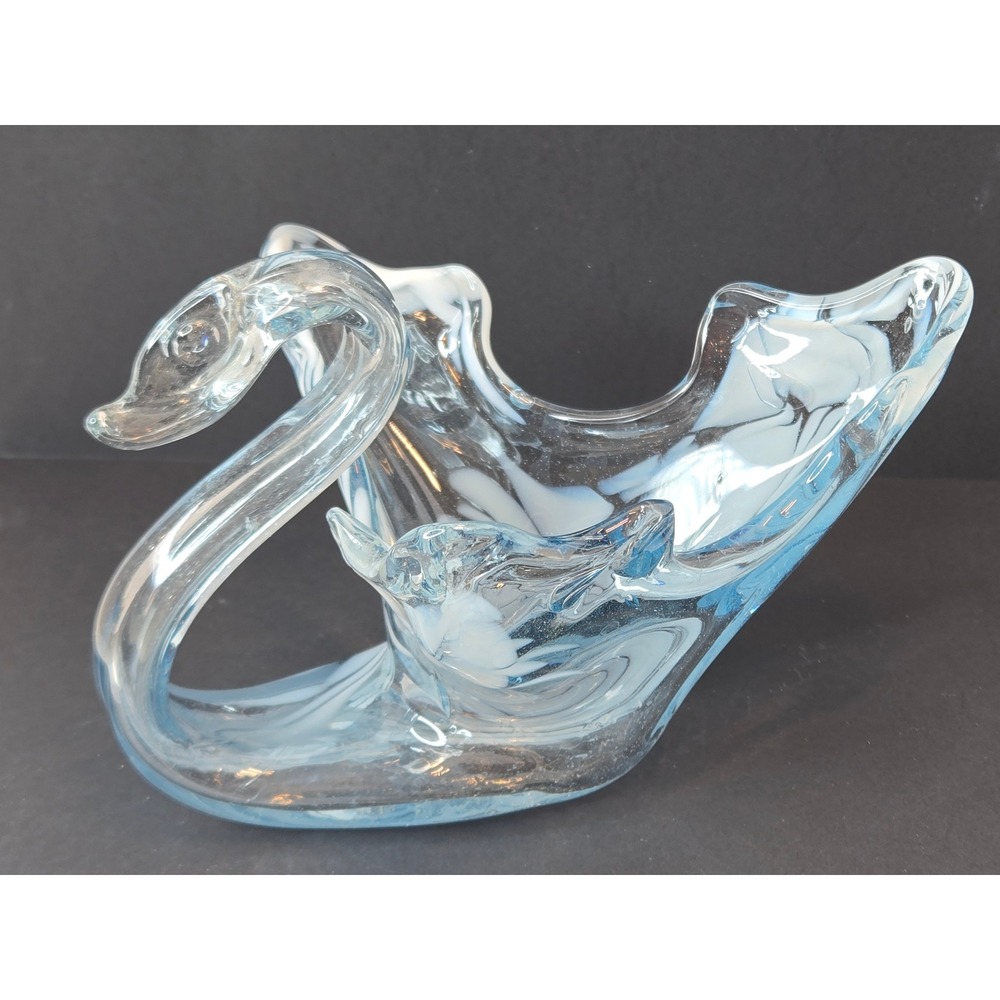 Vintage Hand‎ Blown Art Glass Swan Tealight Holder Light Blue White Swirl Dish